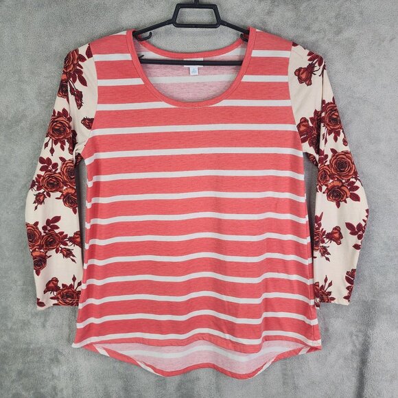 Womens Pink LuLaRoe Striped & Floral Top Long Sleeve Round Neck Size XL - Picture 2 of 8